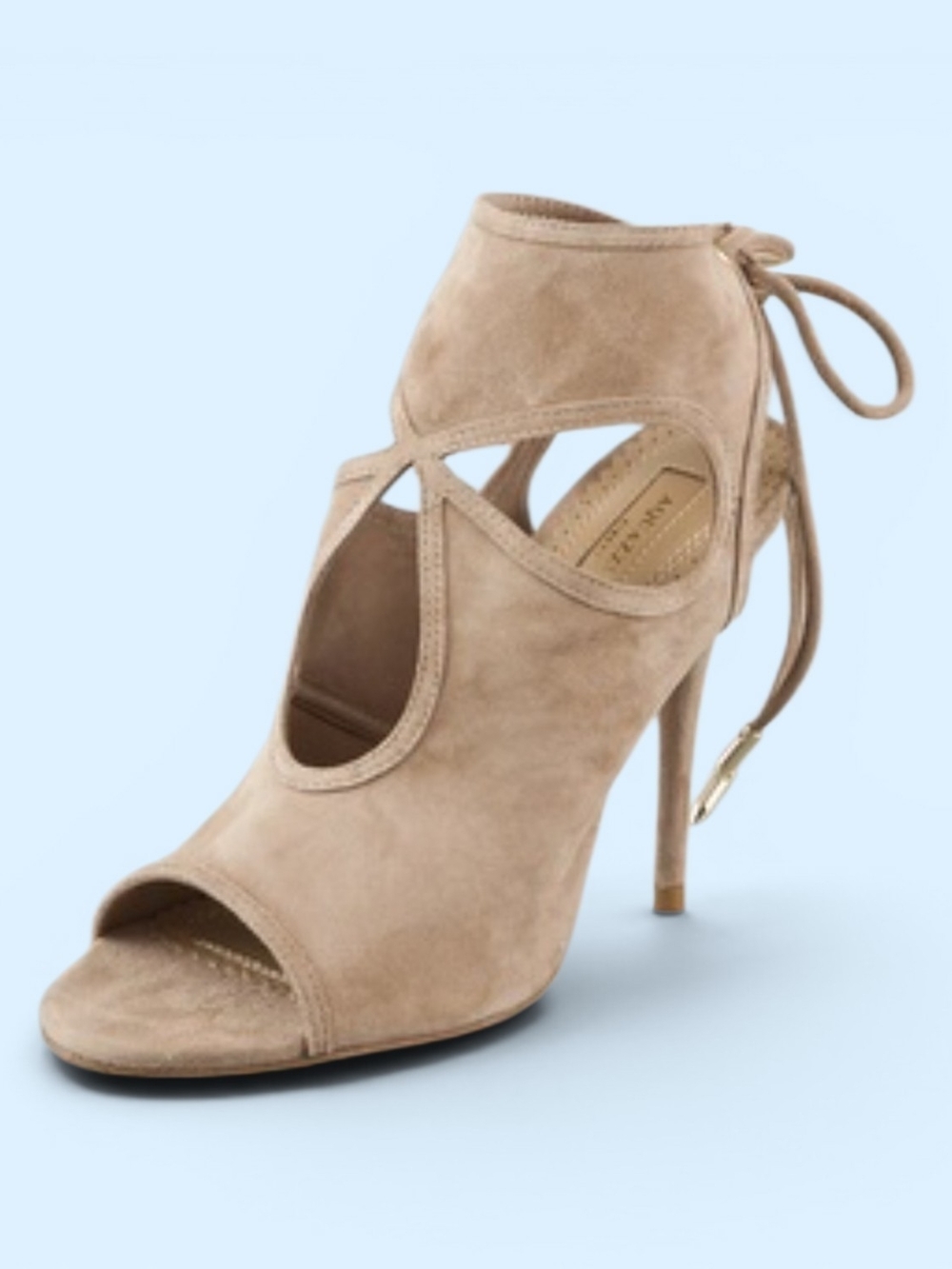 Aquazzura Suede Lace-Up Peep-Toe Heel in Taupe